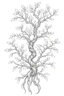 a wilting tree tattoo with a face on the hal side of the branches with a double helix dna stem and a heart shape roots tattoo design idea