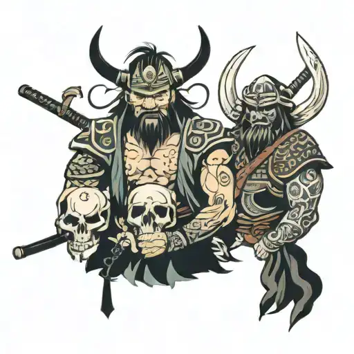 samurai and viking with skulls tattoo design idea