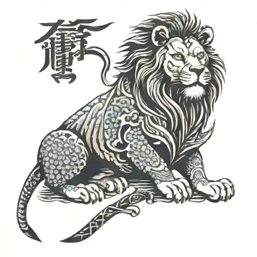 lion and japanese samurai tattoo design idea