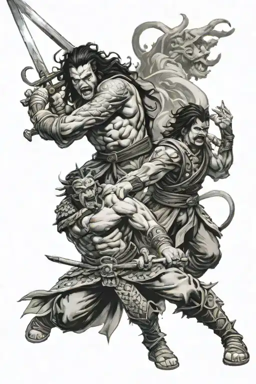 Warrior fighting demon slayer tattoo design idea