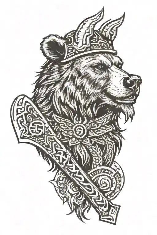 bear head with viking ax tattoo design idea