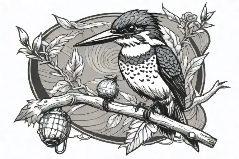 kingfisher Bird perched on a gone fishing sign memorial  tattoo design idea