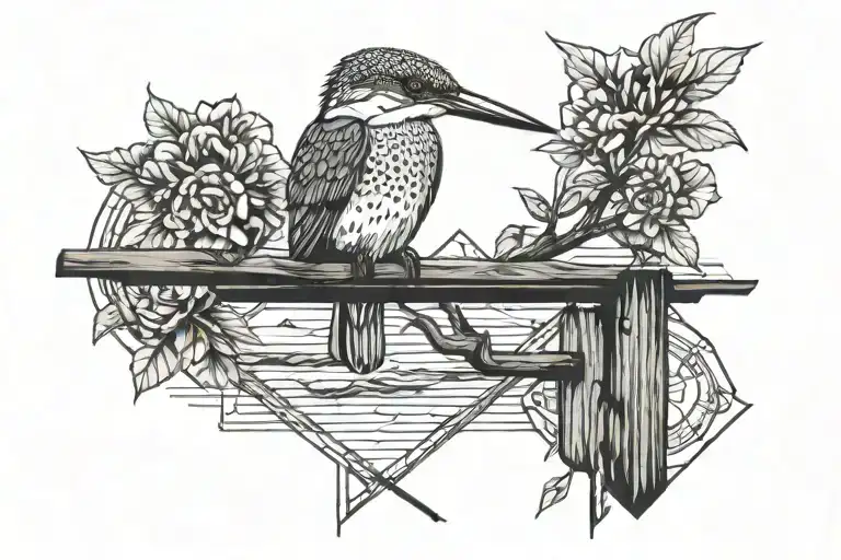 kingfisher Bird perched on a gone fishing sign memorial  tattoo design idea