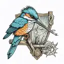 kingfisher perched on a gone fishing sign  tattoo design idea