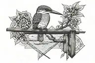 kingfisher Bird perched on a gone fishing sign memorial  tattoo design idea