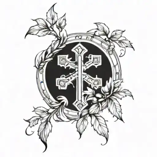 Laurel wreath with a Catholic cross and the inscription IX.IX.MCMXCVIII tattoo design idea
