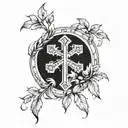 Laurel wreath with a Catholic cross and the inscription IX.IX.MCMXCVIII tattoo design idea