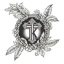 Laurel wreath with a Catholic cross and the inscription IX.IX.MCMXCVIII tattoo design idea