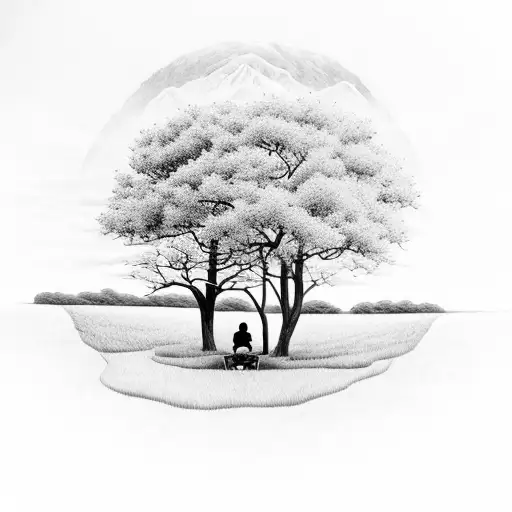A serene nature scene with a father and son sitting under a wise old tree, symbolizing their shared connection with nature and the lessons passed down from generation to generation. tattoo design idea