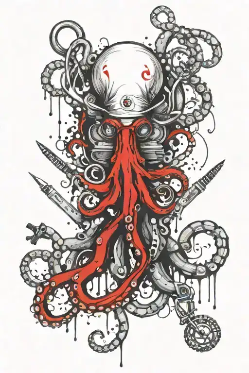 Octopus nurse holding syringes, scissors, medicine tools  tattoo design idea