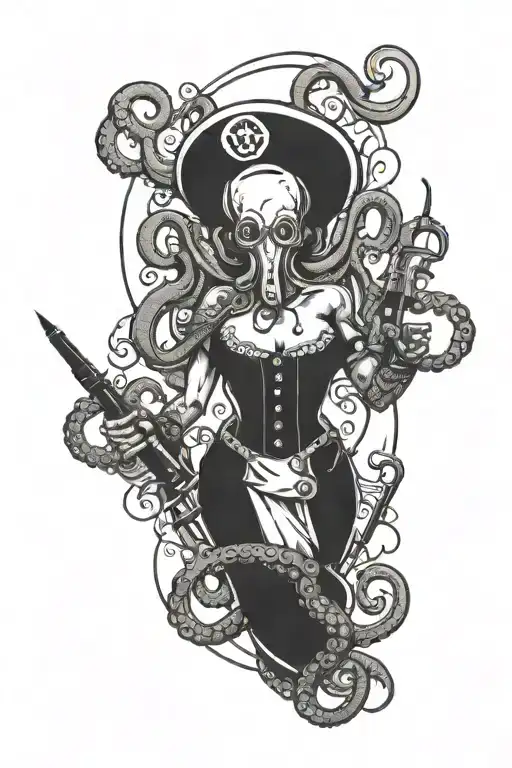 Octopus nurse holding syringes, scissors, medicine tools  tattoo design idea