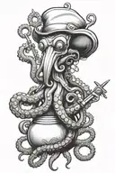 Octopus nurse holding syringes, scissors, medicine tools  tattoo design idea