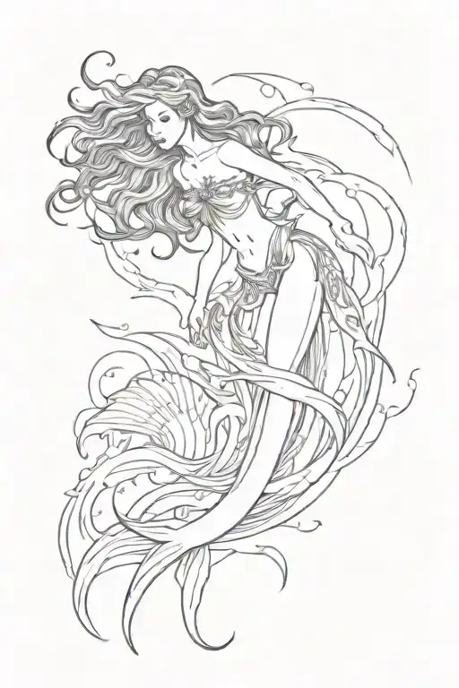A mermaid guiding a sailor through stormy waters, representing guidance and protection in times of uncertainty tattoo design idea