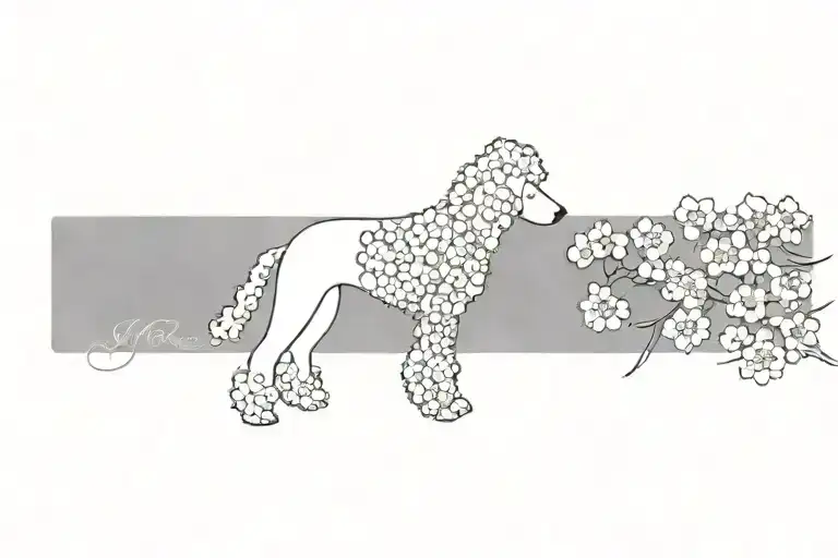 standard poodle dog silhouette with dogwood flowers tattoo design idea