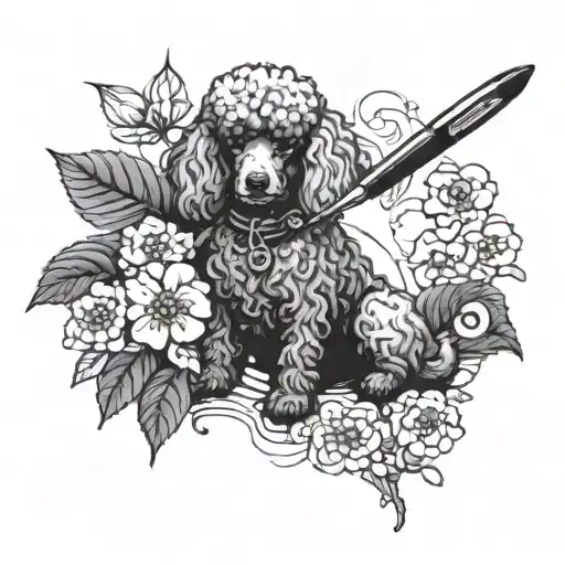 A poodle writing with a quill pen, surrounded by dogwood flowers tattoo design idea