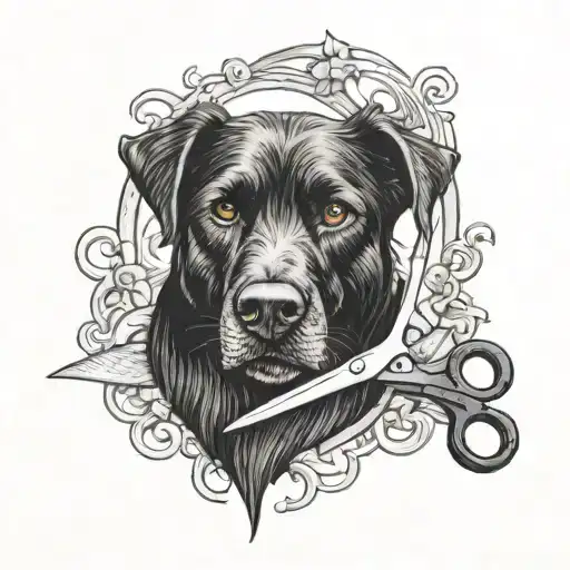 black dog with scissors tattoo design idea