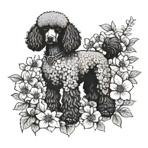 A poodle, surrounded by dogwood flowers tattoo design idea