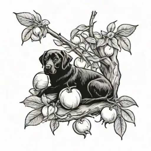 A peach tree with ripe peaches hanging from the branches, with a black Labrador resting underneath tattoo design idea