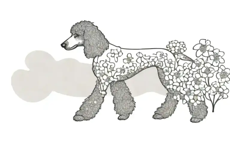standard poodle dog silhouette with dogwood flowers tattoo design idea