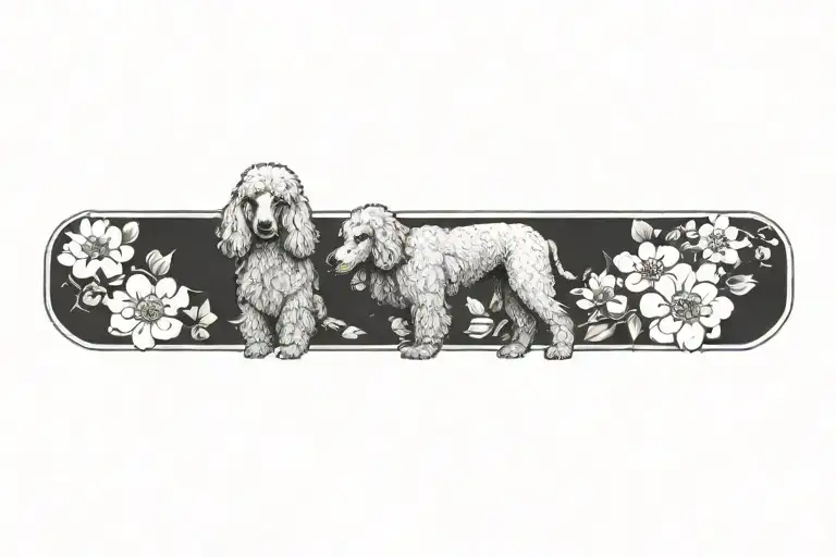 standard poodle dog with dogwood flowers tattoo design idea