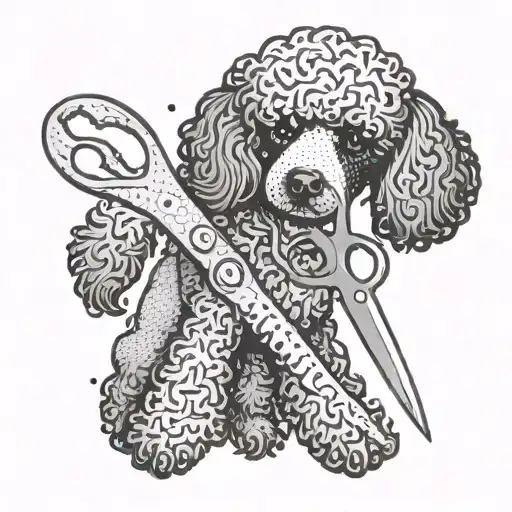 A dog groomer's hand holding a pair of scissors, with a poodle silhouette in the background tattoo design idea