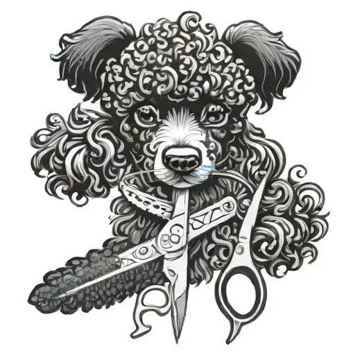 grooming scissors  with black poodle dog adorned tattoo design idea