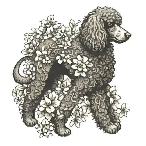 A Standard Poodle surrounded by dogwood flowers and peach blossoms tattoo design idea