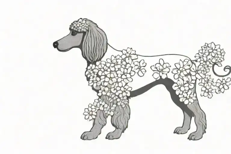 standard poodle dog silhouette with dogwood flowers tattoo design idea