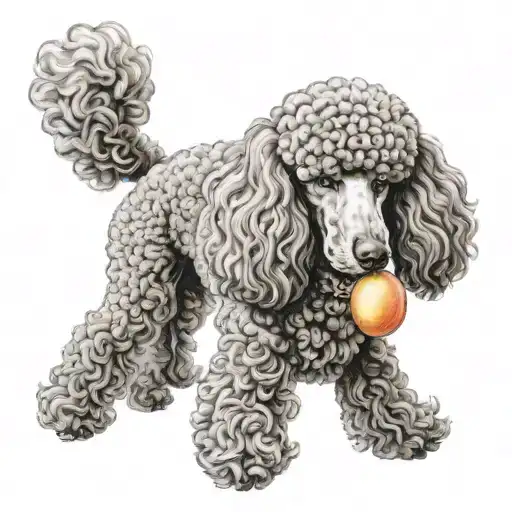 A realistic portrait of a Standard Poodle with a peach in its mouth tattoo design idea