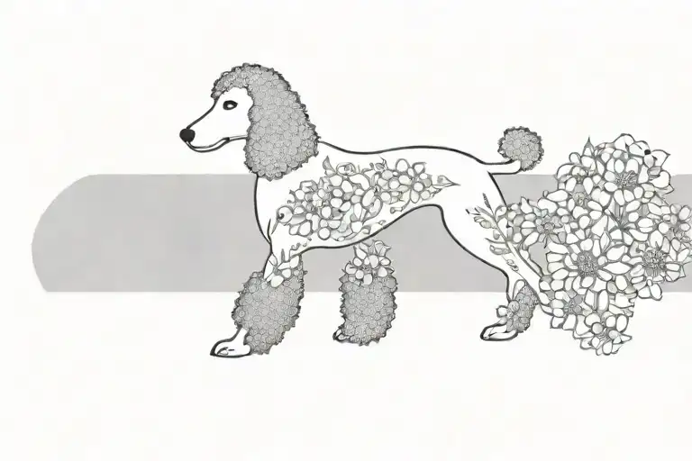 standard poodle dog silhouette with dogwood flowers tattoo design idea