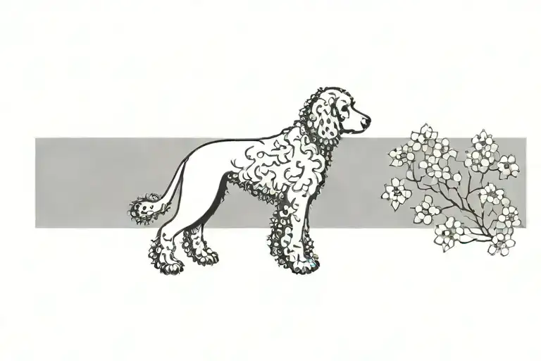 standard poodle dog silhouette with dogwood flowers tattoo design idea