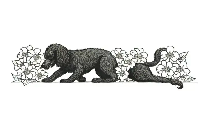 standard poodle dog with dogwood flowers tattoo design idea