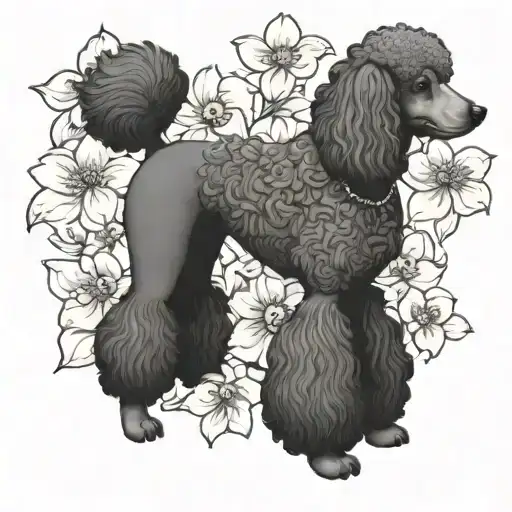 A poodle, surrounded by dogwood flowers tattoo design idea