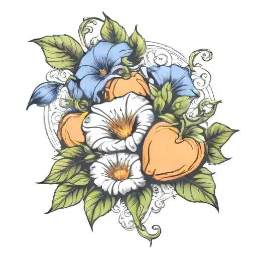 morning glory flowers wrapping around a peach fruit tattoo design idea