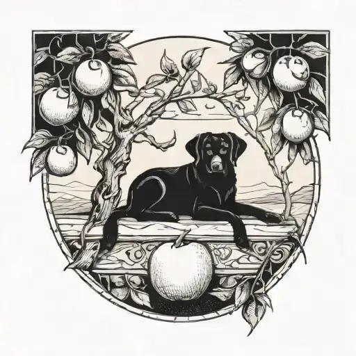 A peach tree with ripe peaches hanging from the branches, with a black Labrador resting underneath tattoo design idea