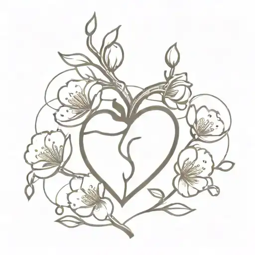 peach blossoms growing out of a human heart tattoo design idea