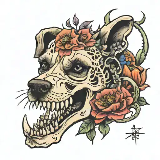 flowers around a dog skeleton  tattoo design idea