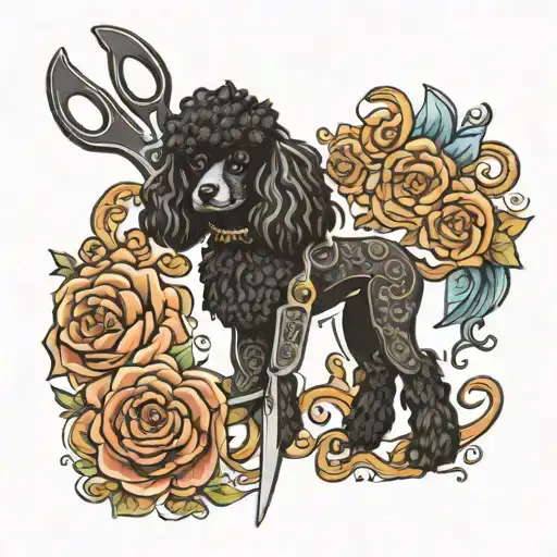 grooming scissors  with black poodle dog adorned tattoo design idea
