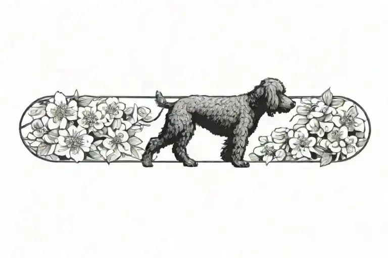 standard poodle dog with dogwood flowers tattoo design idea