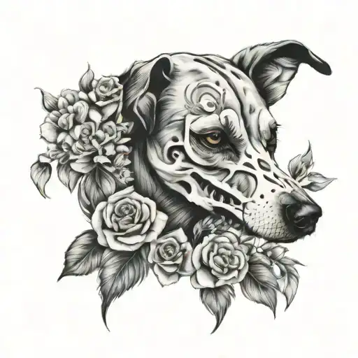 flowers around a dog skeleton  tattoo design idea
