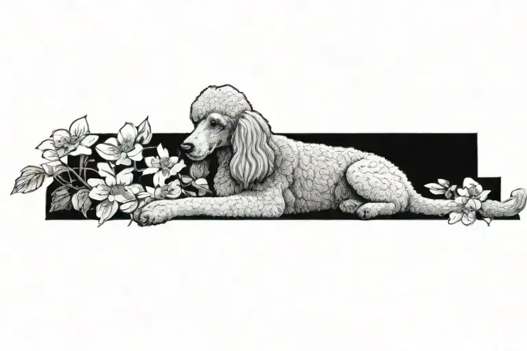 standard poodle dog with dogwood flowers tattoo design idea