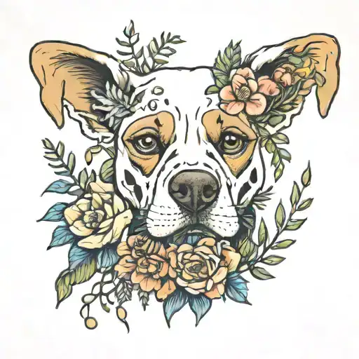 flowers around a dog skeleton  tattoo design idea