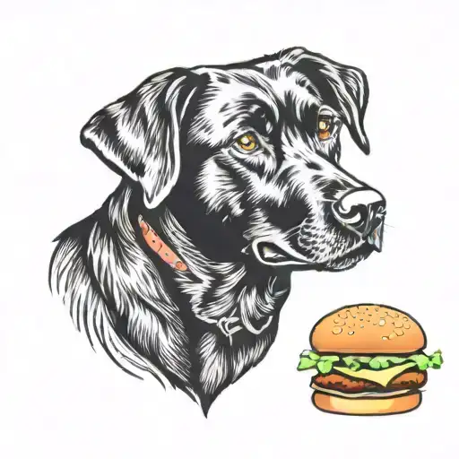 black lab with hamburger  tattoo design idea