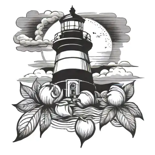 lighthouse with peach fruit tattoo design idea