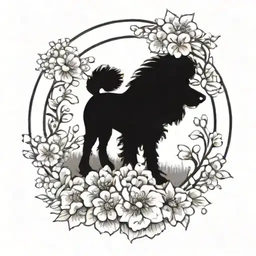 A poodle surrounded by a halo of peach blossoms, with a paw print inked in the center tattoo design idea
