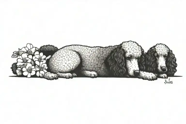 standard poodle dog with dogwood flowers tattoo design idea