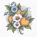morning glory flowers wrapping around a peach fruit tattoo design idea