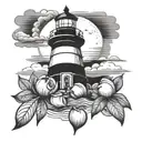 lighthouse with peach fruit tattoo design idea