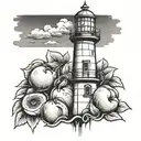 lighthouse with peach fruit tattoo design idea