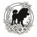 A poodle surrounded by a halo of peach blossoms, with a paw print inked in the center tattoo design idea